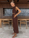 Summer Khaki Cotton Linen Pants Sets Women Two Pieces Fashion Lace-Up Crop Tops Vacation Wide Legs Long Pants Suits