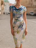 Pbong  Sexy Bodycon Midi Dress Women Summer Fashion Short Sleeve Floral Print Slim Dresses Elegant