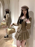 Women Two-piece College Style Short Stylish Suit Jacket with High Waist Slimming Pleated Skirt  Age Reducing Set/single Piece
