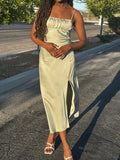 Green Backless Sexy Long Dress For Summer 2025 New High Waist Slit Square Collar Slip Dress Fashion Solid Satin Party Dress