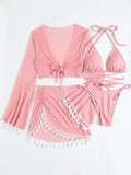 4 Pieces Lace Up Halter Triangle Bikini Swimsuit & Cover Up Top With Skirt Sexy Swimwear Women Bathing Swimming Suit Female