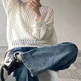 Women Mesh Top Oversized Long Sleeve T-shirts Crew Neck Loose Casual Knit Tees See-Through Openwork Knit Top Women Spring Summer