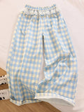 Sweet Lace Plaid Pants Women Patchwork Loose High Waist Wide Leg Trousers Japan Casual Lady Vintage Cute Spring New Pant