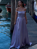 Elegant Stain Off Shoulder Long Dresses Women Retro Solid Waist-cinching Large Hem Evening Dress Lady Chic Party Beach Holiday