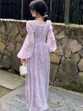 Autumn Floral Princess Evening Party Midi Dresses for Women French Elegant Bandage Long Sleeve Vestidos Korean Spring Clothes