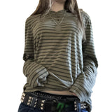 Pbong  Women's Fall Casual Tops Stripe Graphic Loose Fit T-Shirts Long Sleeve Crew Neck Pullovers Y2K Aesthetic Clothes