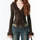 Y2k Aesthetic V-neck Jacket Women Korean Sexy Fashion Cardigan  Harajuku Vintage Bandage Fur Patchwork Coat Spring Chic