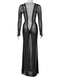 Pbong  Women See Through Mesh Long Dress Long Sleeve Tie-Up Backless Bodycon Dress Evening Party Sexy Dress Beach Cover-ups