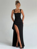 Black Backless Sexy Maxi Dress For Women Gown Spaghetti Strap Sleeveless Thigh High Split Club Evening Long Dress