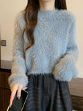 Women's Fuzzy Knitt Top Long Sleeve Mock Neck Fluffy Sweater Pullovers Cozy Plain Jumper Teen-girl Fall Winter Y2K Outfit