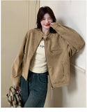 Women Faux Suede Y2K Jacket Streetwear Loose Long Sleeve Vintage Coat American Casual Harajuku Retro Stand Collar Fall Tops