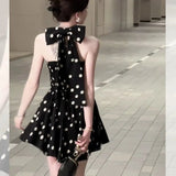Pbong  Women's Cream Halter Neck Polka Dot Mini Dress, Large Bow Backless Flared Skirt, Elegant Party & Vaion Dress