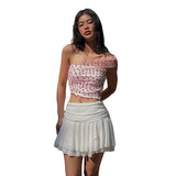 Patchwork 2-Piece Set Women Folds Love Print Single Shoulder Sleeve Tops+Solid Multilayer Mesh Skirts Slim Matching Suit