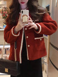 Red Faux Lamb Sweet Coat Women Korean Long Sleeve Winter Warm Jacket Vintage Casual O Neck Elegant Pearls Buttons Cute Tops