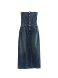 Front Split Hip Wrap Women Denim Dress Elegant Slim Fit Female Sexy Strapless Dress Buttons Bodycon Midi Dresses
