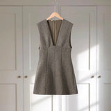 Pbong  Striped Pullover Deep V-Neck Sleeveless Mini Dress Bodice Short Length Silhouette Spring Chic Elegant Office Women Vestido