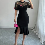 Pbong  Sexy Mesh Spliced Women Fishtail Dress Stylish Jacquard Irregular Hem Midi Vestidos Evening Party Female Black O-Neck Dress