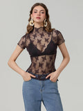 Women Lace Tops Short Sleeve Crew Neck See-through Sheer T-shirt Summer Casual Tee Shirts Clubwear