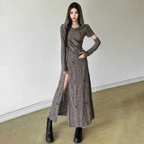 Harajuku Punk Midi Dress Women Mall Goth Streetwear Y2k E-girl Cyber Hooded Dress Vintage Hipster Casual Dress