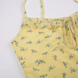 Yellow Ruffles Flowers Printed Mesh Dress
