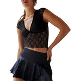 Sheer Crop Top 2000s Women Sexy See Through V Neck Sleeveless Floral Lace Tanks Slim Fit Vest y2k Aesthetic Clothing