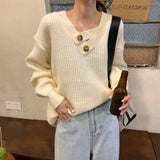 V-neck Knit Pullover Women Slouchy Long Sleeve Drop Shoulder Sweater with Buttoned Strap Cozy Knitwear Autumn Winter Chic Outfit