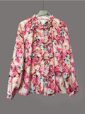 Pbong  Fashion Street Ruffle Top Retro Printed Round Neck Shirt Spring and Autumn Casual Loose Women's Shirt