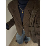 Retro Faux Woolen Blazer Coat Women Harajuku Long Sleeve Fall Winter Y2K Jacket Streetwear American Casual Lady Suit Coat