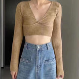 Rib Knit Crop Top with Keyhole Criss-Cross Front Long Sleeve V-Neck Short Sweater Pullovers Women Teen-girl Y2K 90s Outfit