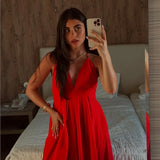 Red Backless Vacation Long Dress 2025 New Solid Color Sleeveless Beach Slip Dress Vestidos Fashion Chic Simple Woman Clothing
