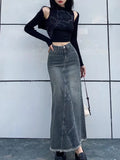 Autumn Retro Classic All-Match Skirt Women Casual Commuter Outing Tight Sexy Irregular Long Denim Vitality Skirt Girl Cool