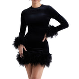Pbong  Women Autumn Dress Feather Trim Long Sleeve Bodycon Mini Dress Elegant Club Party Retro Sexy Korean Fashion Dresses