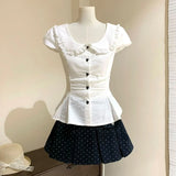 Y2k Harajuku Vintage Sweet 2 Piece Skirt Sets 2000s Peter Pan Collar Tops + Polka Dot Mini Skirts Japan Summer Women Suits Chic