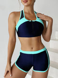 Zipper Bikini Set Two Piece Swimsuit Women With Shorts Sports Swimwear Female Bathing Swimming Suit Beach Wear Summer