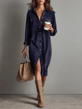 Pbong  New Fall Retro Solid Ribbed Corduroy Dress Woman Elegant Single Breasted Lapel Shirt Dresses Long Sleeve Slit Clothing