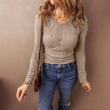 Pbong  New Autumn Winter Solid Color Knitted Tops Women's Round Neck Long Sleeved Button T-Shirt Fashion Pullover Lady Clothes