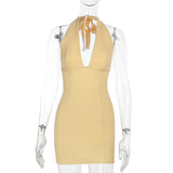 Sexy Deep V neck Dress Female High Waist Office Commuting Sleeveless Mini Dress Solid Color Elegant Lace Up Halter Outfit