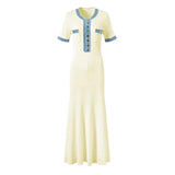 Denim Patchwork Kinitting Fashion Long Dress Tight Single Breasted Chic White Women Dress Versatile Street Summer Spring Vestido