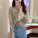 Korean Chic Elegant Lace Sweet Women Blouses Vintage O Neck Long Sleeve Perspective Female Shirts OL Blusas Mujer