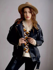 PU Faux Leather Jacket Women Loose Sashes Casual Biker Jackets Outwear Female Tops BF Style Black Leather Jacket Coat