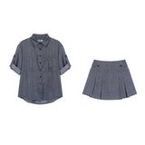 Fake Denim Fashion Spring Summer Outfits 2025 New Lapel Blouse Top And Short Skirt Two Piece Set Streetwear Shirts + Pleat Skirt