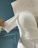 Pbong  Off The Shoulder Wedding Dresses for Bride Long with Slit Chiffon Plunging V Neck A Line Beach Simple Bridal Gowns