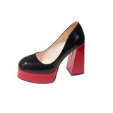Pbong  Hot Sale Square Heels 10cm Chunky Heels Platform Pumps Double Color Blocking Women Party Dance Pumps