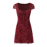 2025 New Summer Flocking Flower Sweet Chic Tight Dress Square Collar Retro Short Dress Double Layer Mesh Sweet Chic Women Dress