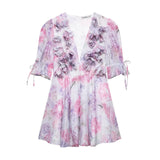 Fairy Fashion Sweet Elegant French Deep V Neck Short Sleeve Dress Constrast Color Flower Print A-line Clothe Chiffon Women Dress