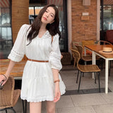 Lantern Sleeve White Vacation Short Dress A-line Loose Fashion Summer Dress Cotton Blend Hollow Out Embroidery  Dresses 2025 New