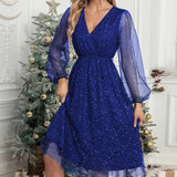 Pbong  Women's Elegant V-neck Slim Fit Solid Color Dress Patchwork Mesh Perspective Powder Spray Party Dress Formal Evening Gown