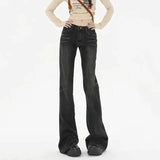 Pbong  American Retro Low Waisted Washed Jeans Women Streetwear Y2K Slim Fit Flared Pants Mujer Fashion Button Pockets Denim Trousers