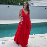 Red Backless Vacation Long Dress 2025 New Solid Color Sleeveless Beach Slip Dress Vestidos Fashion Chic Simple Woman Clothing