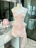 Pbong  French Style Sweet Cute Polka Dot Splicing Dress Lace Bow Korean Fashion Dresses New Design Slim Waist Lady Y2k Mini Dress